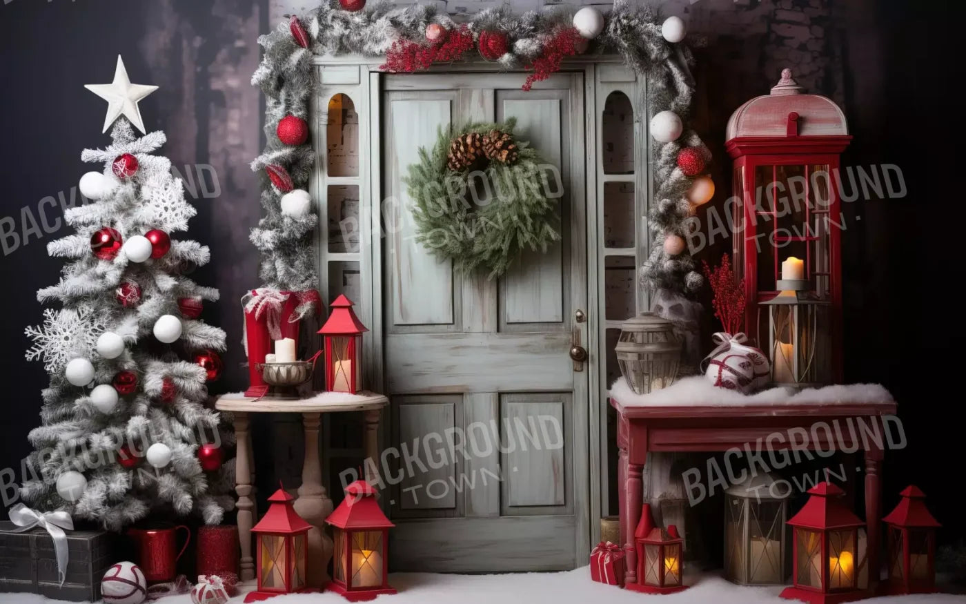 Rustic Christmas Door V 16’X10’ Ultracloth (192 X 120 Inch) Backdrop