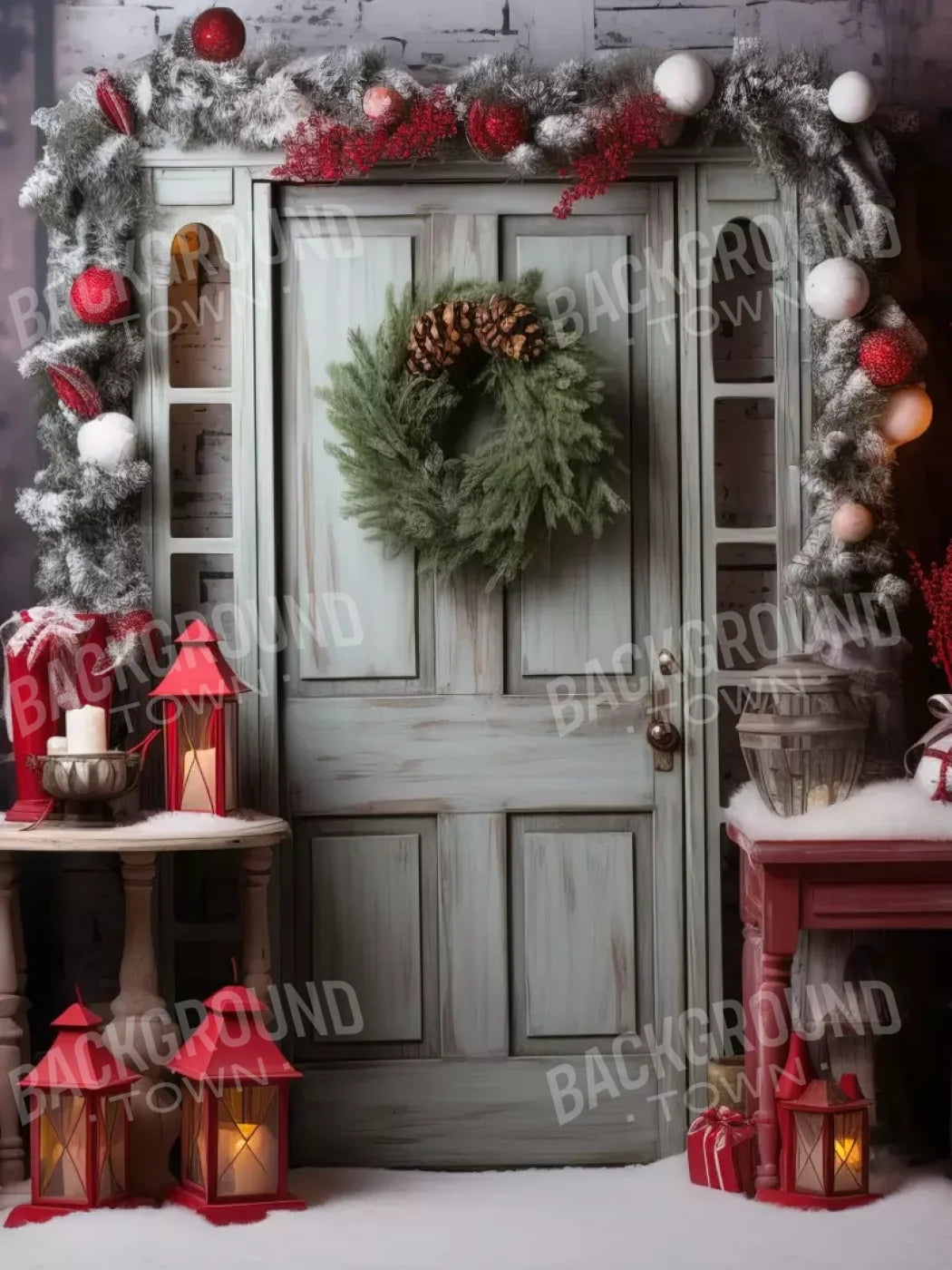 Rustic Christmas Door V 5’X6’8 Fleece (60 X 80 Inch) Backdrop