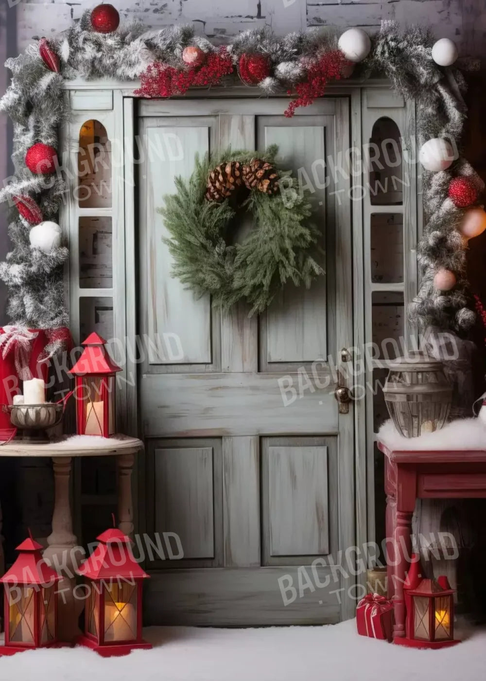 Rustic Christmas Door V 5’X7’ Ultracloth (60 X 84 Inch) Backdrop