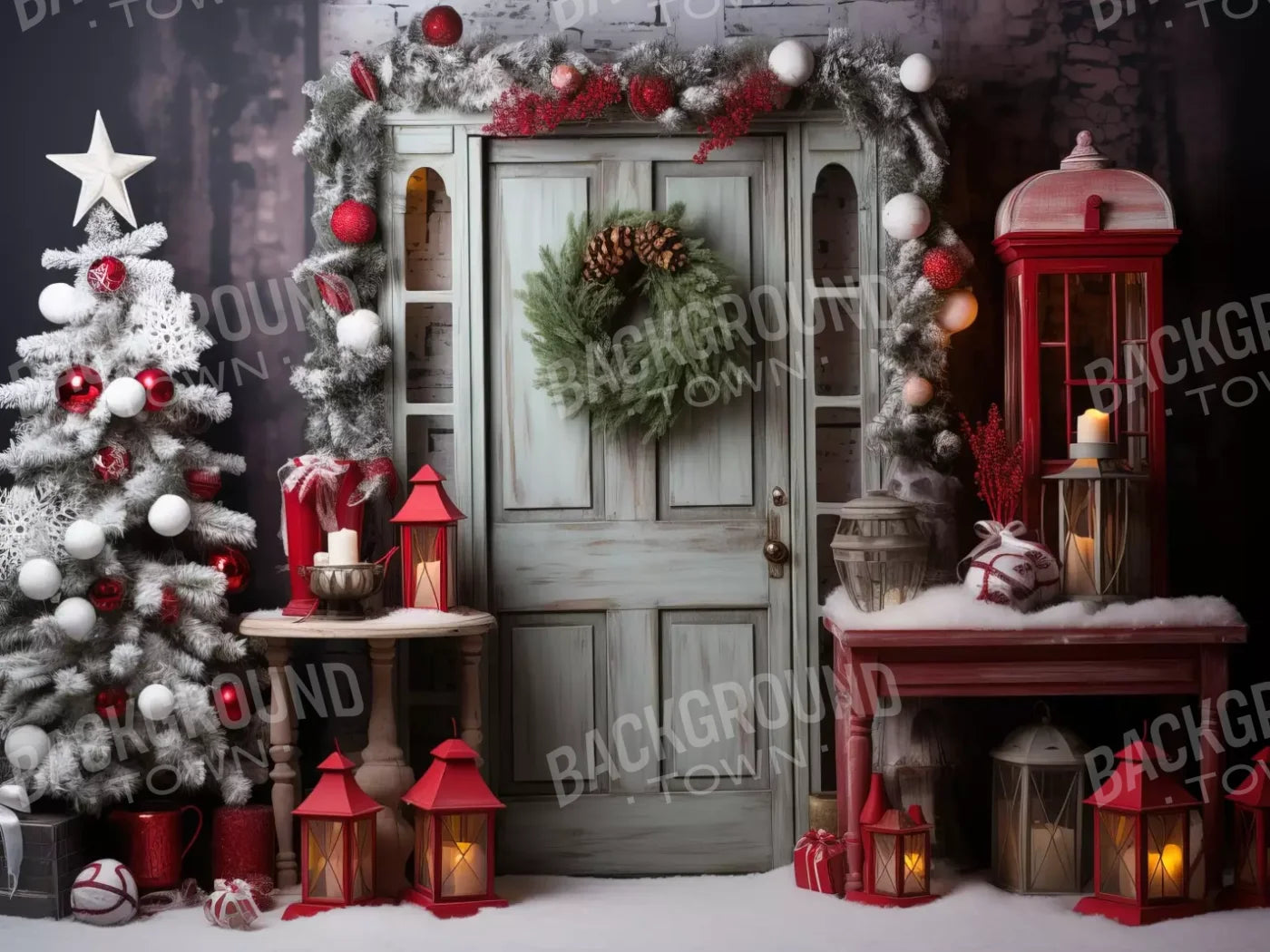 Rustic Christmas Door V 6’8X5’ Fleece (80 X 60 Inch) Backdrop