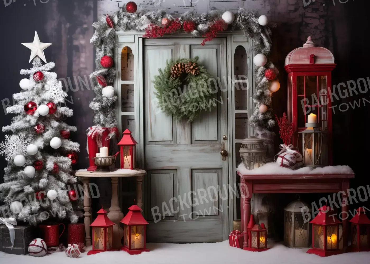 Rustic Christmas Door V 7’X5’ Ultracloth (84 X 60 Inch) Backdrop