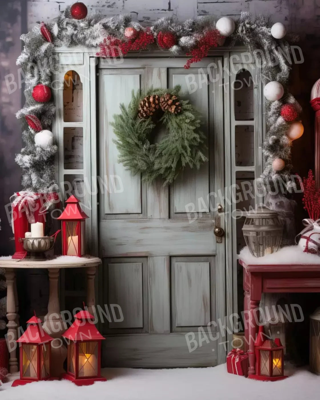 Rustic Christmas Door V 8’X10’ Fleece (96 X 120 Inch) Backdrop