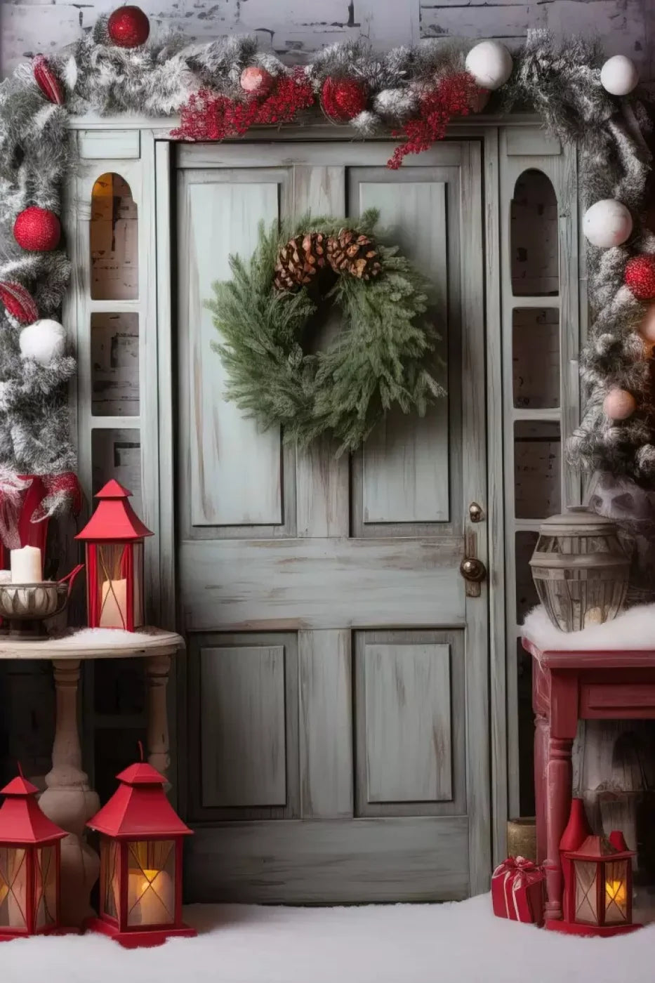 Rustic Christmas Door V 8’X12’ Ultracloth (96 X 144 Inch) Backdrop