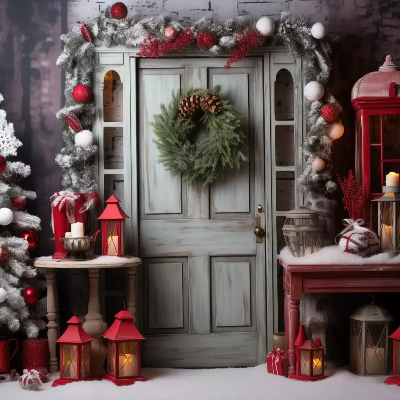 Rustic Christmas Door V 8’X8’ Fleece (96 X Inch) Backdrop