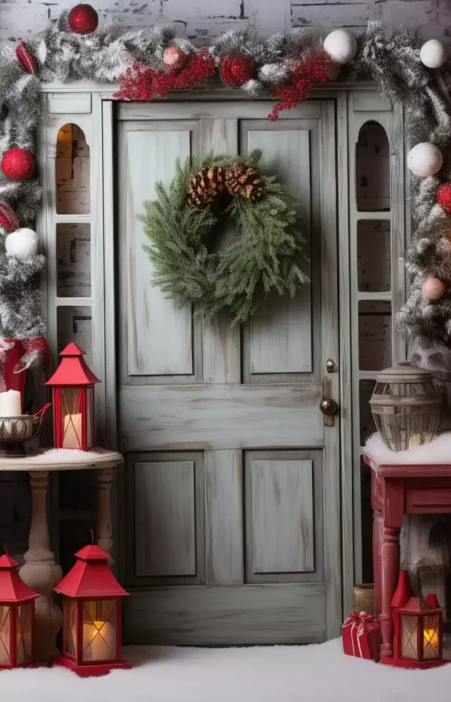 Rustic Christmas Door V 9’X14’ Ultracloth (108 X 168 Inch) Backdrop