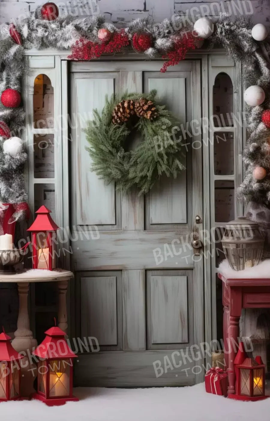 Rustic Christmas Door V 9’X14’ Ultracloth (108 X 168 Inch) Backdrop