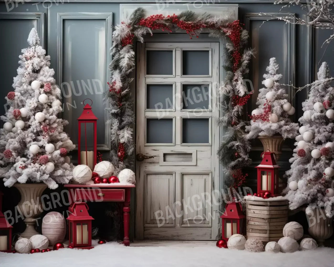 Rustic Christmas Door Ii 10’X8’ Fleece (120 X 96 Inch) Backdrop