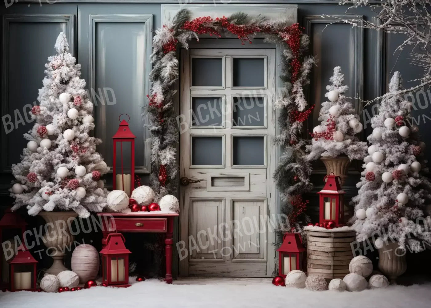 Rustic Christmas Door Ii 7’X5’ Ultracloth (84 X 60 Inch) Backdrop