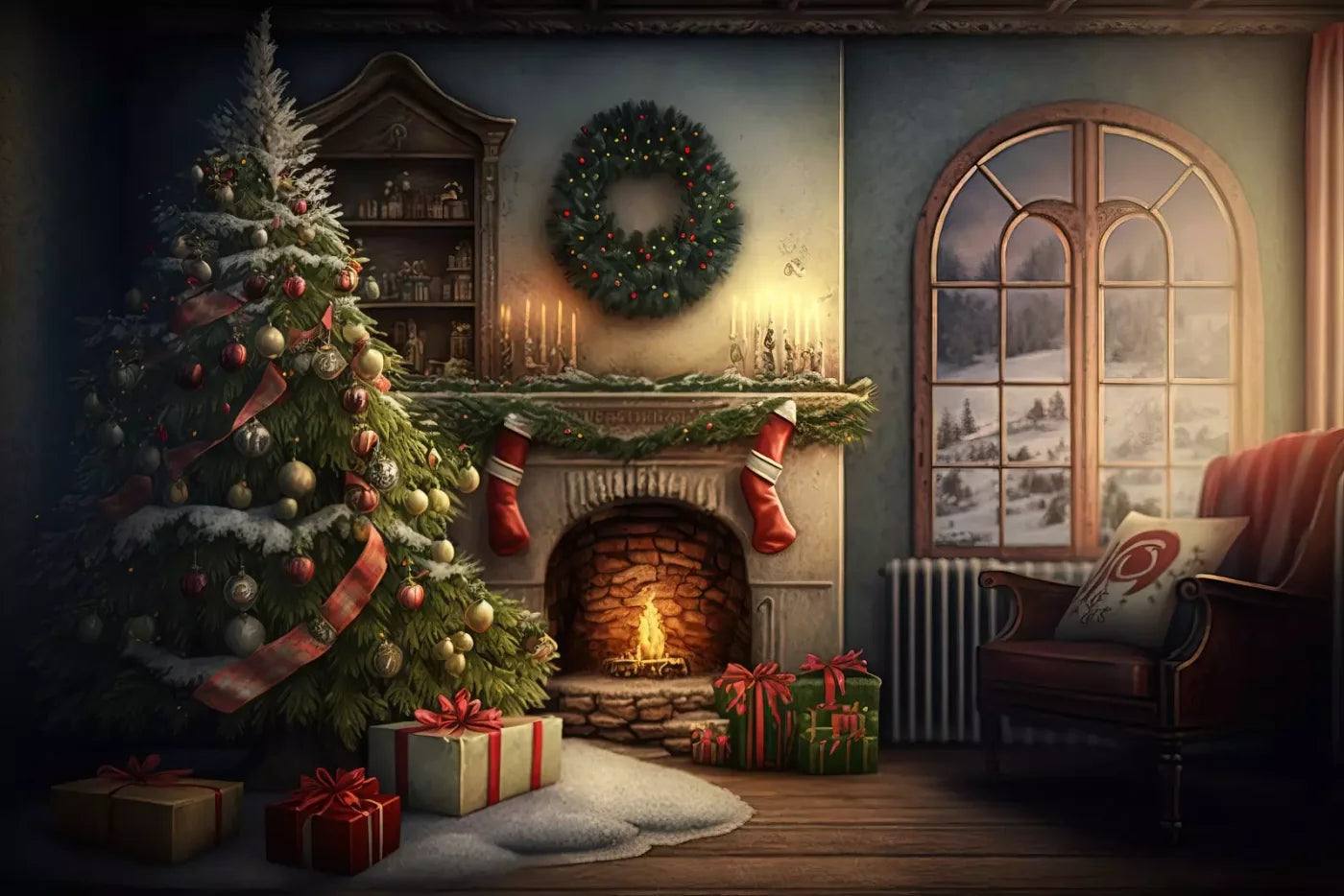 Santa Livingroom 12’X8’ Ultracloth (144 X 96 Inch) Backdrop