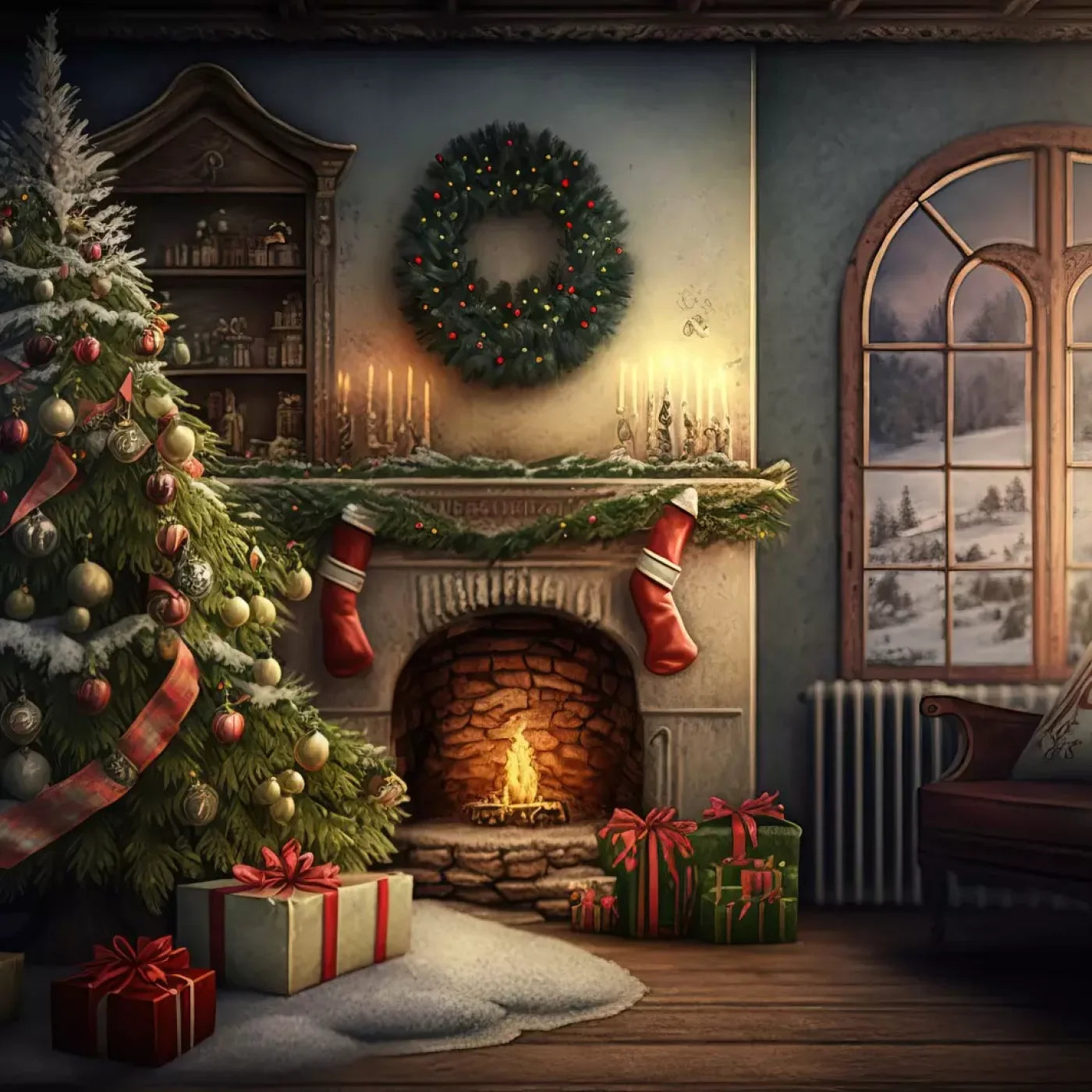 Santa Livingroom 8’X8’ Fleece (96 X Inch) Backdrop