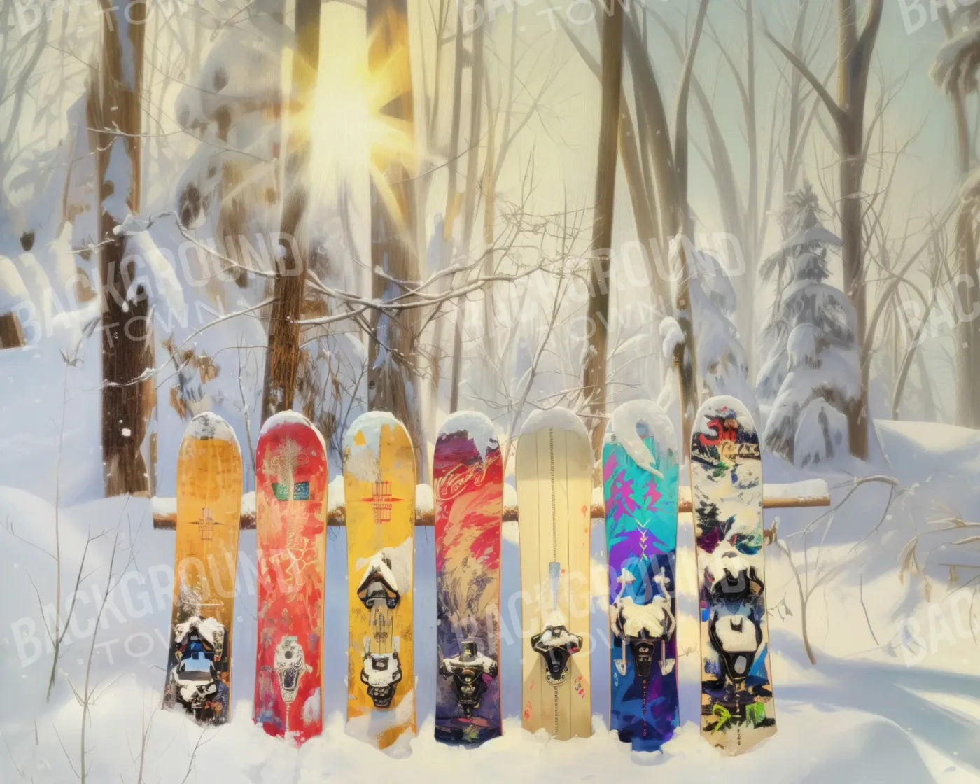 Snow Boards In The Woods 10’x8’ Fleece (120 x 96 inch) Backdrop