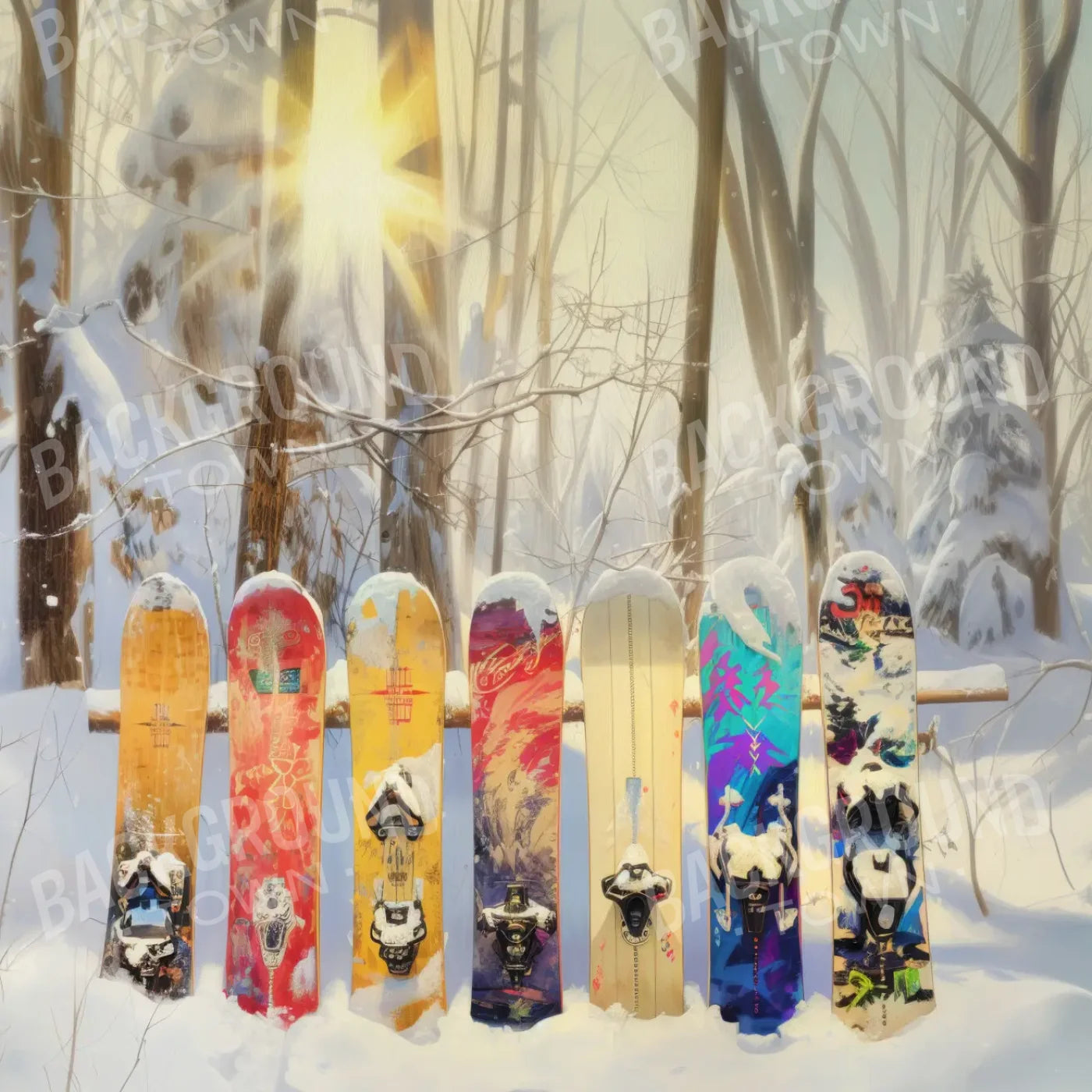 Snow Boards In The Woods 8’x8’ Fleece (96 x 96 inch) Backdrop