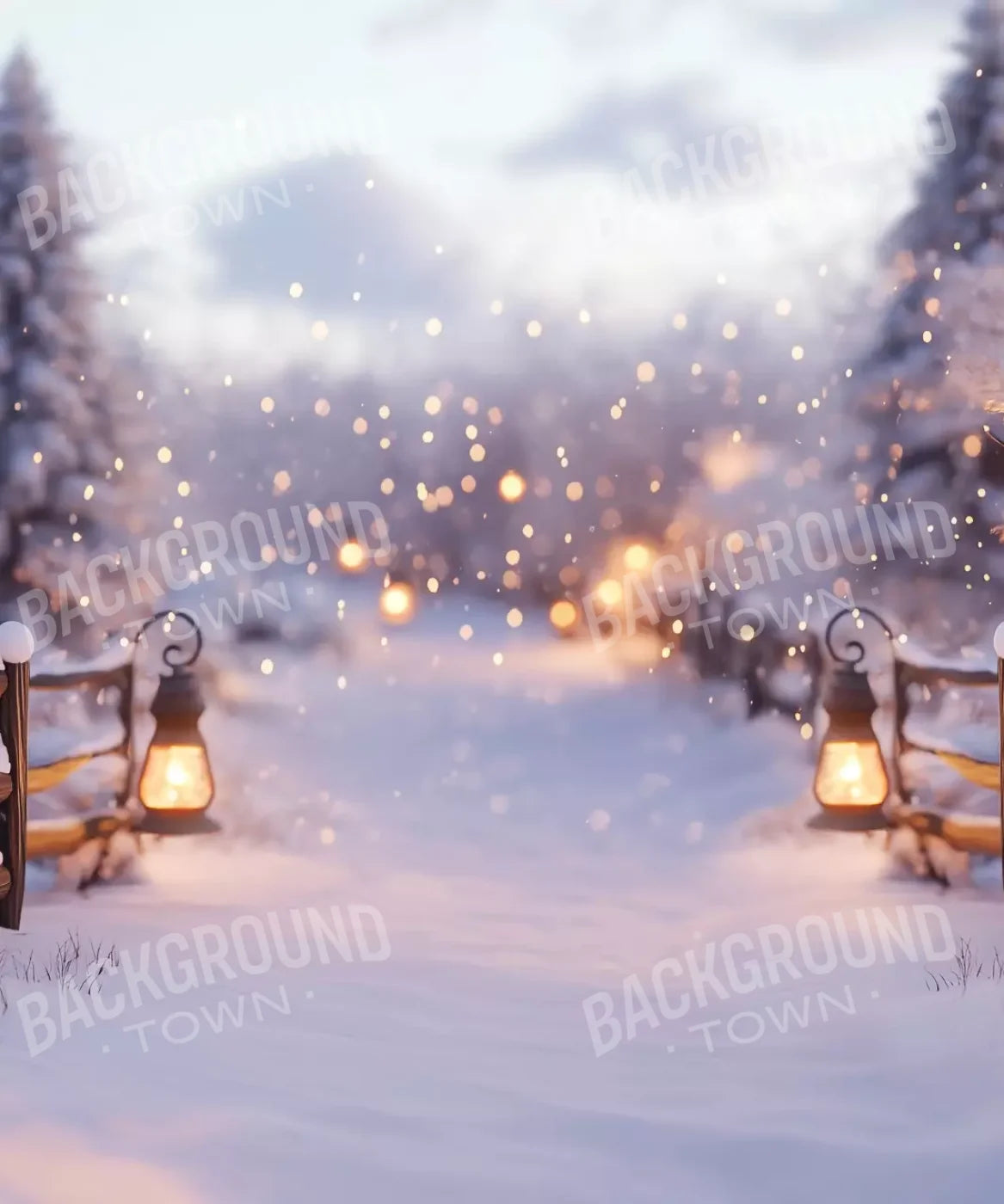 Snow Covered Path With Lanterns 10’X12’ Ultracloth (120 X 144 Inch) Backdrop