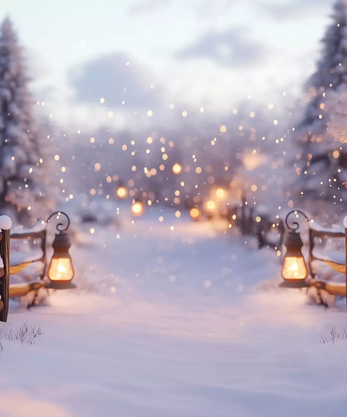 Snow Covered Path With Lanterns 10’X12’ Ultracloth (120 X 144 Inch) Backdrop