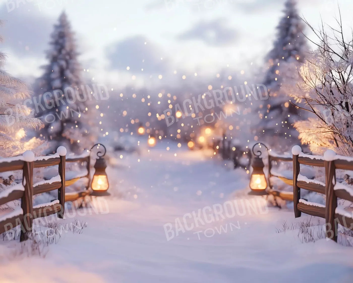 Snow Covered Path With Lanterns 10’X8’ Fleece (120 X 96 Inch) Backdrop