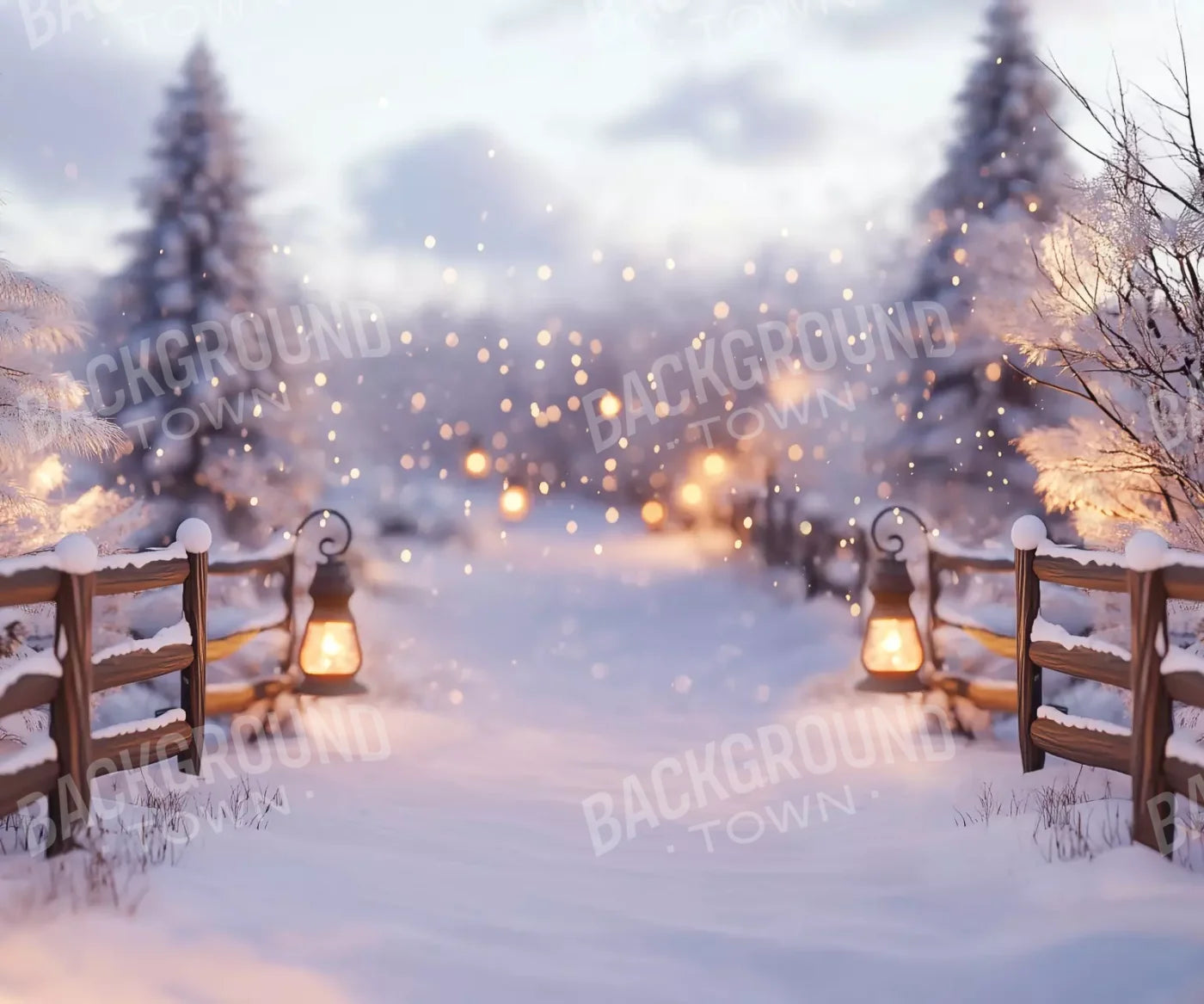 Snow Covered Path With Lanterns 12’X10’ Ultracloth (144 X 120 Inch) Backdrop