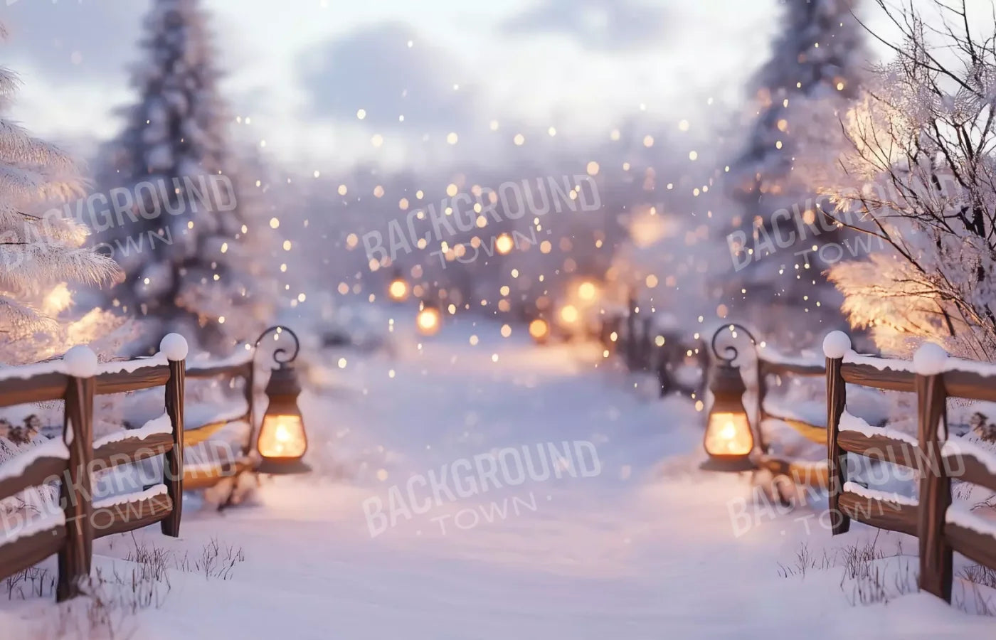 Snow Covered Path With Lanterns 14’X9’ Ultracloth (168 X 108 Inch) Backdrop