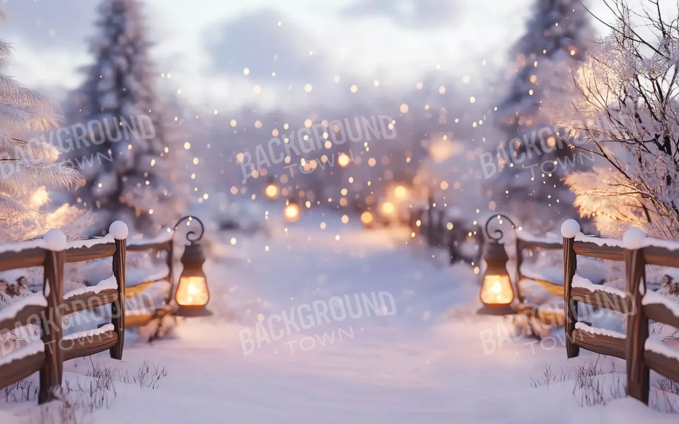 Snow Covered Path With Lanterns 16’X10’ Ultracloth (192 X 120 Inch) Backdrop