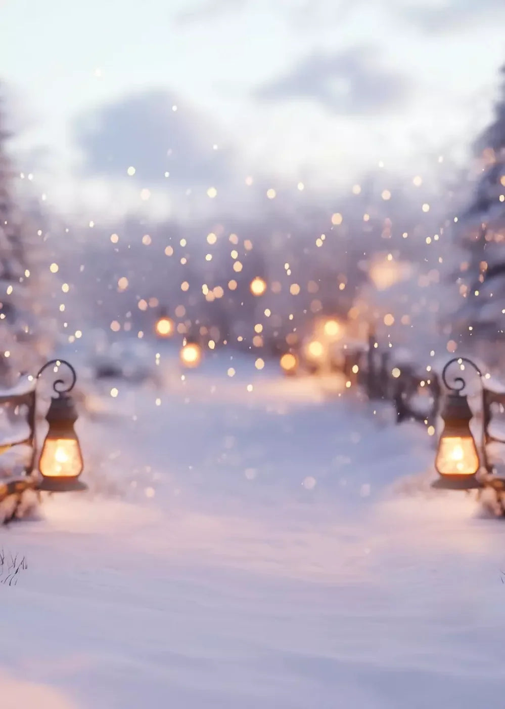 Snow Covered Path With Lanterns 5’X7’ Ultracloth (60 X 84 Inch) Backdrop