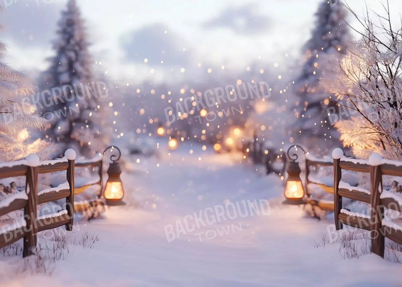 Snow Covered Path With Lanterns 7’X5’ Ultracloth (84 X 60 Inch) Backdrop