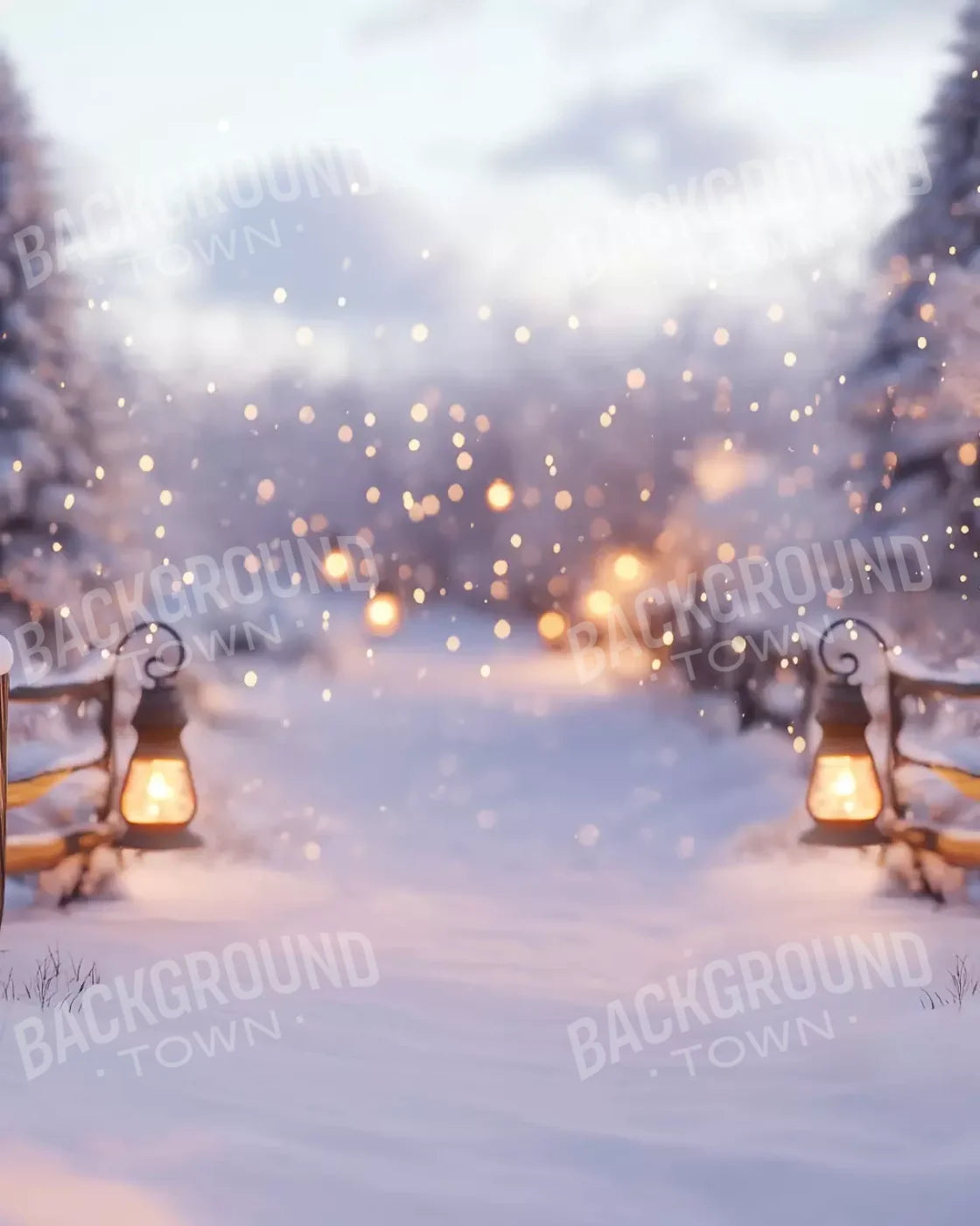 Snow Covered Path With Lanterns 8’X10’ Fleece (96 X 120 Inch) Backdrop