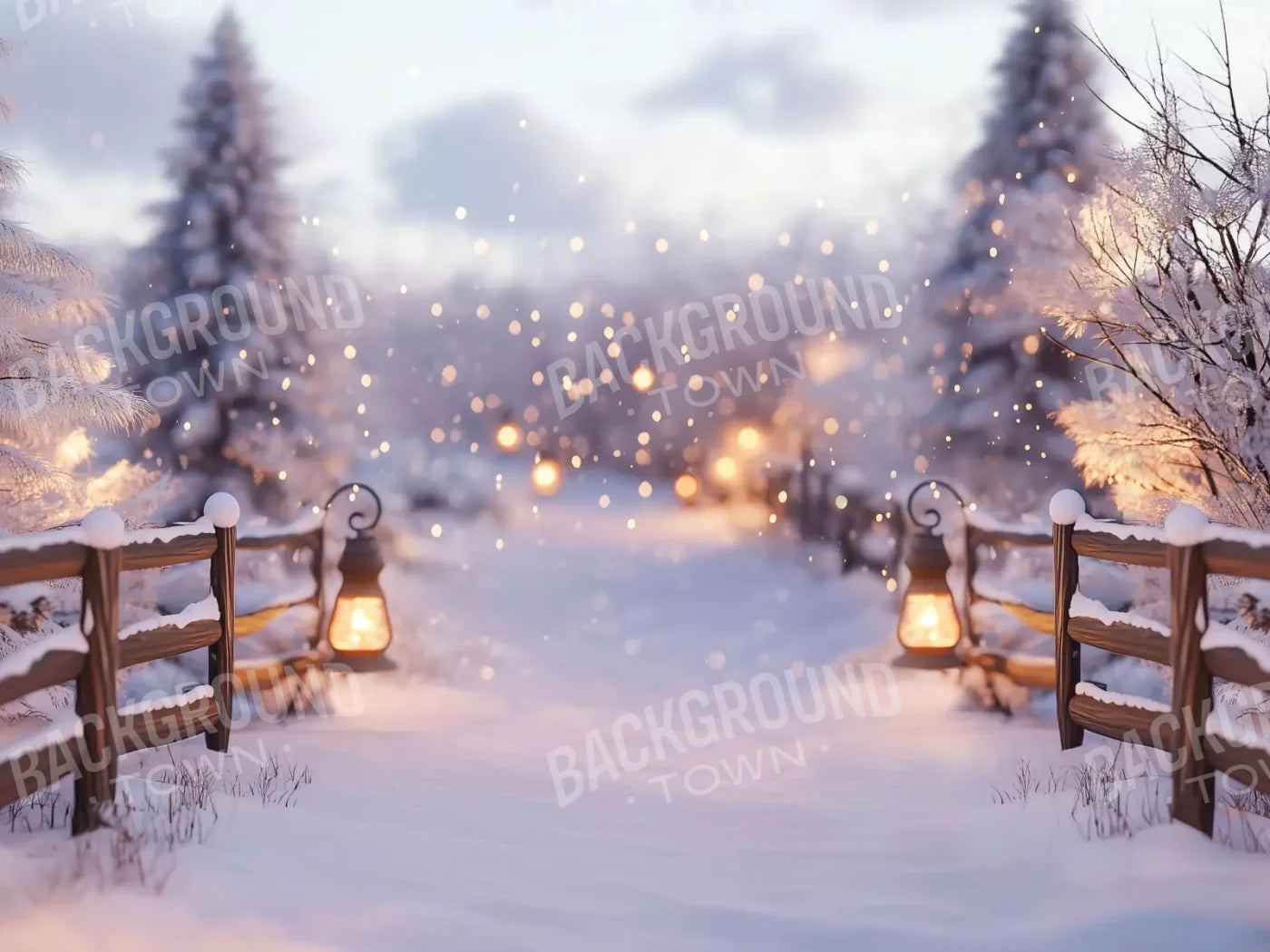 Snow Covered Path With Lanterns 8’X6’ Fleece (96 X 72 Inch) Backdrop