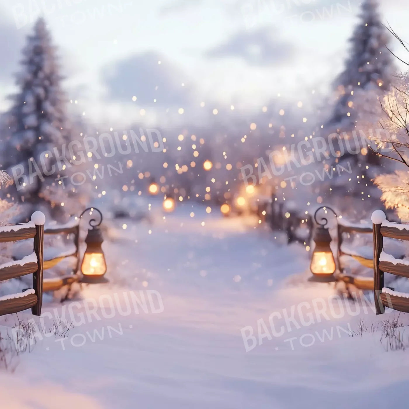 Snow Covered Path With Lanterns 8’X8’ Fleece (96 X Inch) Backdrop