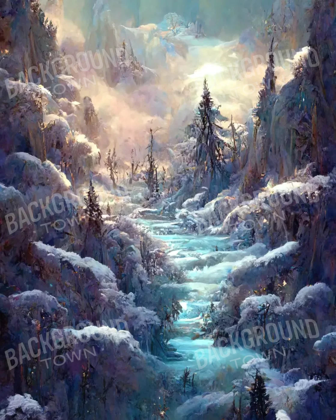 Snowy Fantasy Waterfall 8’X10’ Fleece (96 X 120 Inch) Backdrop