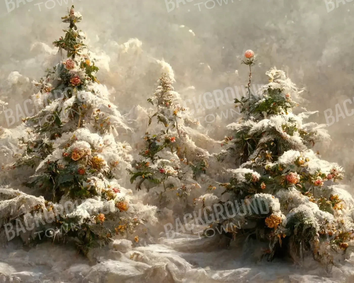 Snowy Floral Trees I 10’X8’ Fleece (120 X 96 Inch) Backdrop