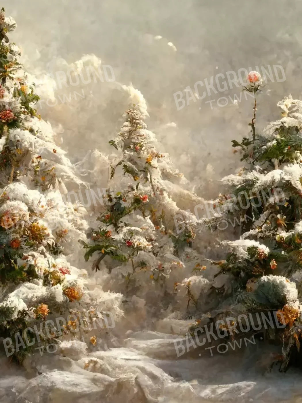 Snowy Floral Trees I 5’X6’8 Fleece (60 X 80 Inch) Backdrop