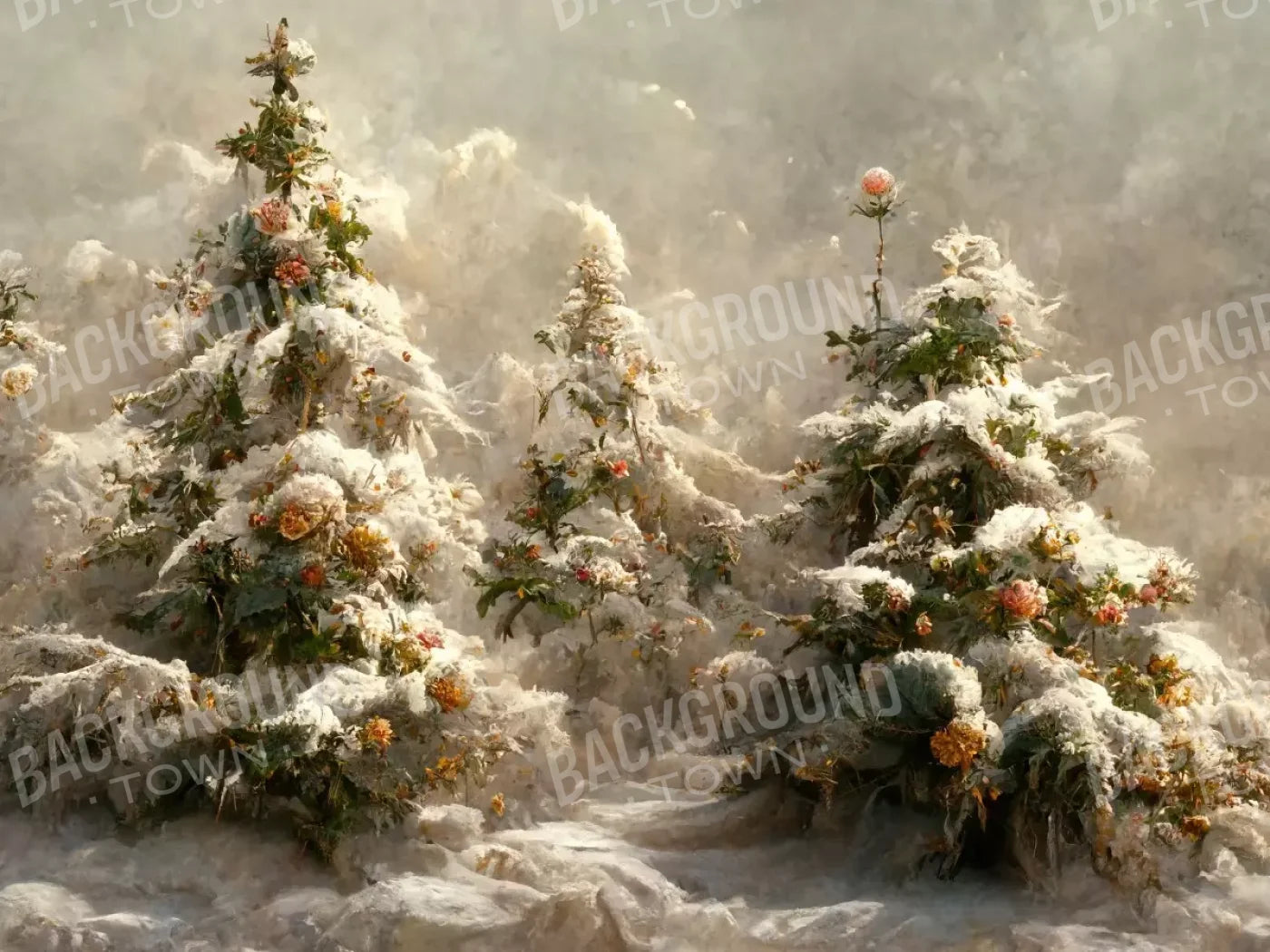 Snowy Floral Trees I 6’8X5’ Fleece (80 X 60 Inch) Backdrop