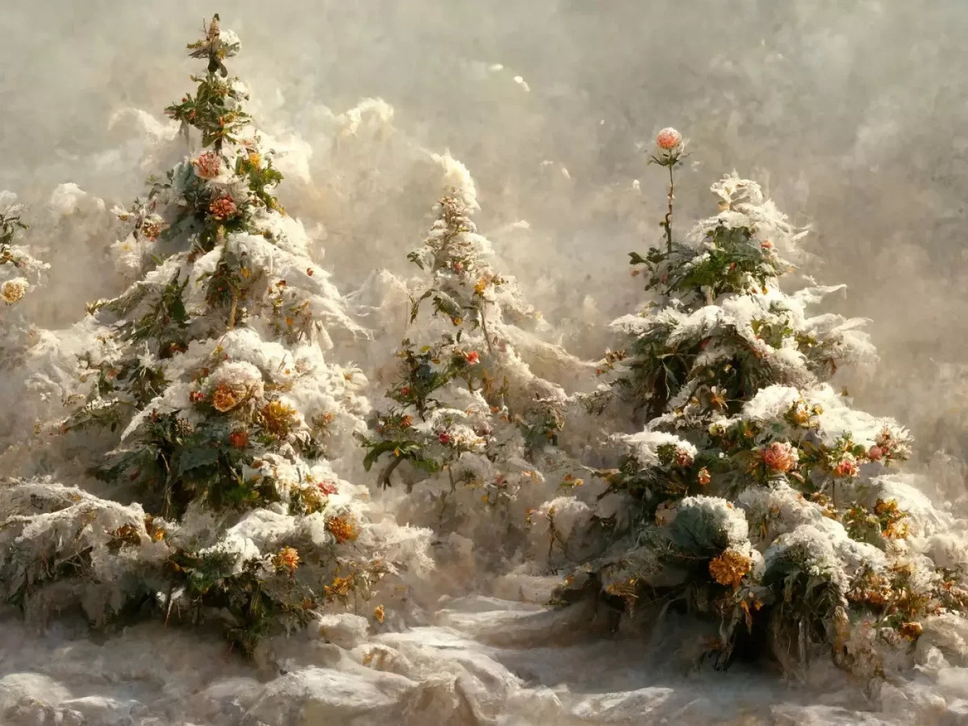 Snowy Floral Trees I 6’8X5’ Fleece (80 X 60 Inch) Backdrop