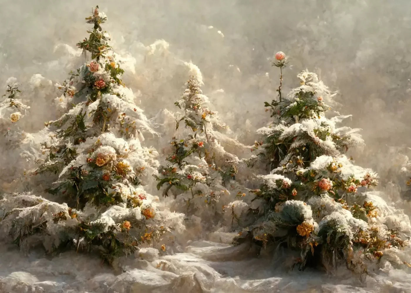 Snowy Floral Trees I 7’X5’ Ultracloth (84 X 60 Inch) Backdrop
