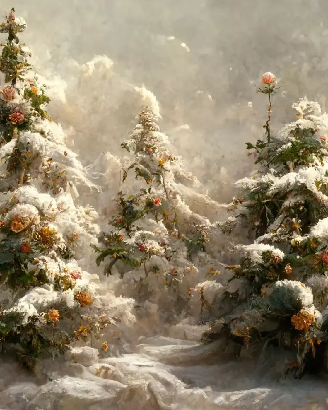 Snowy Floral Trees I 8’X10’ Fleece (96 X 120 Inch) Backdrop