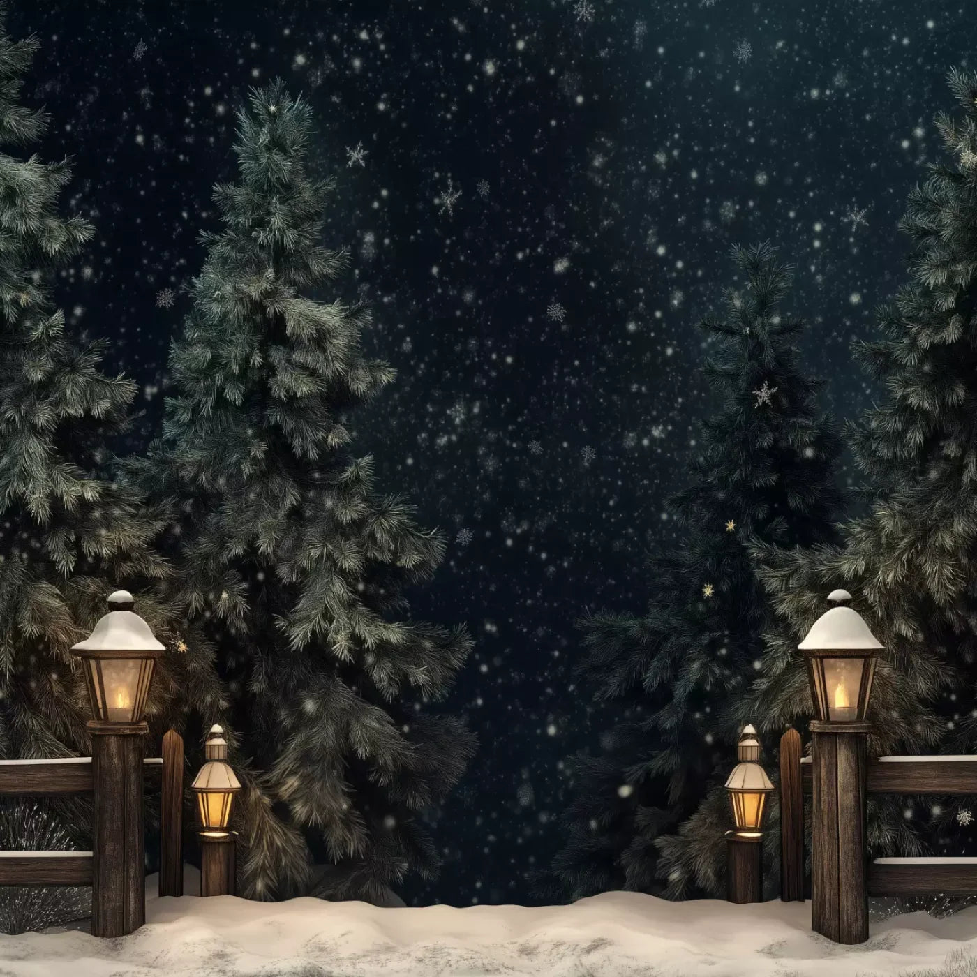 Snowy Forest With Lanterns 10’X10’ Ultracloth (120 X Inch) Backdrop