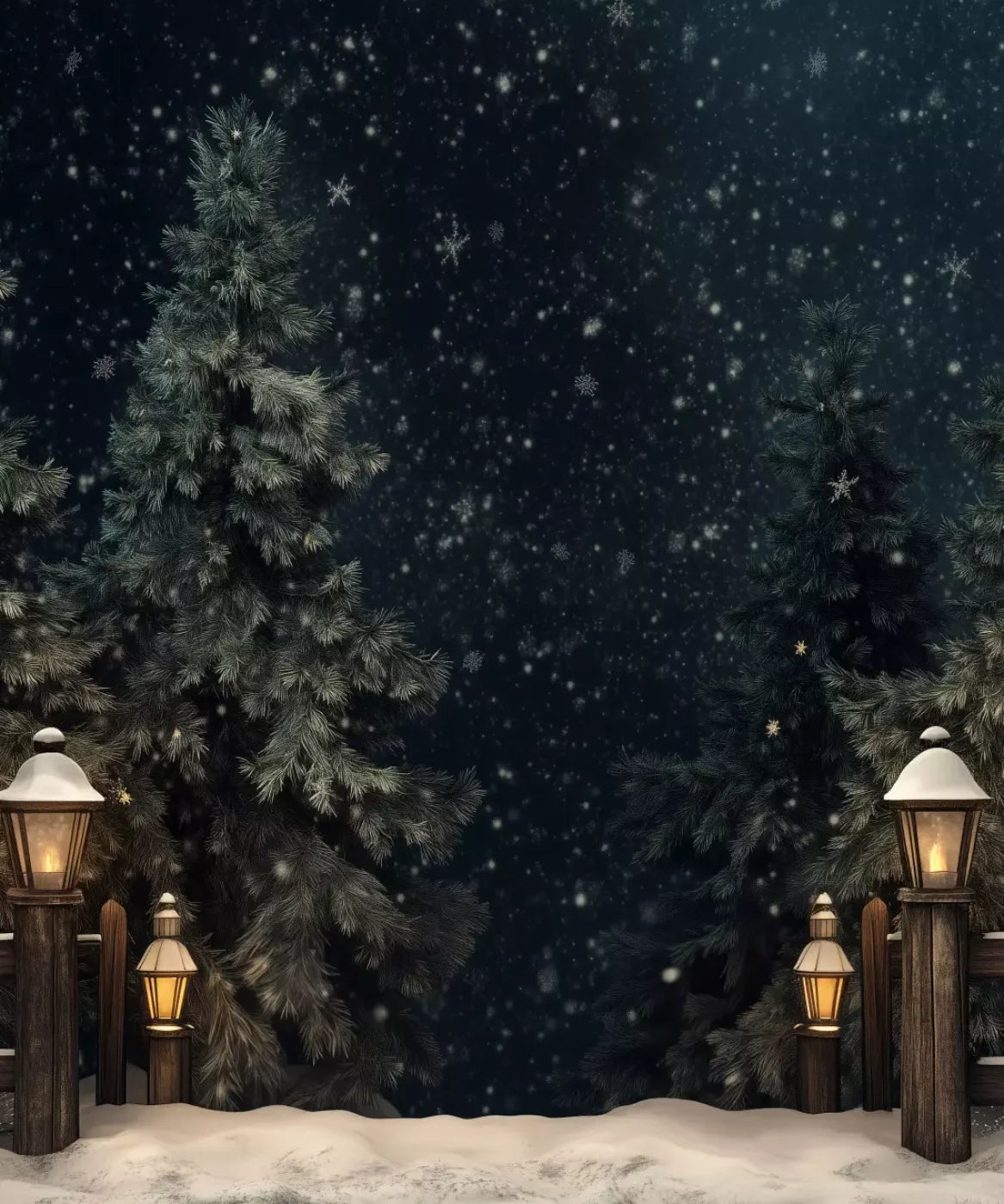 Snowy Forest With Lanterns 10’X12’ Ultracloth (120 X 144 Inch) Backdrop