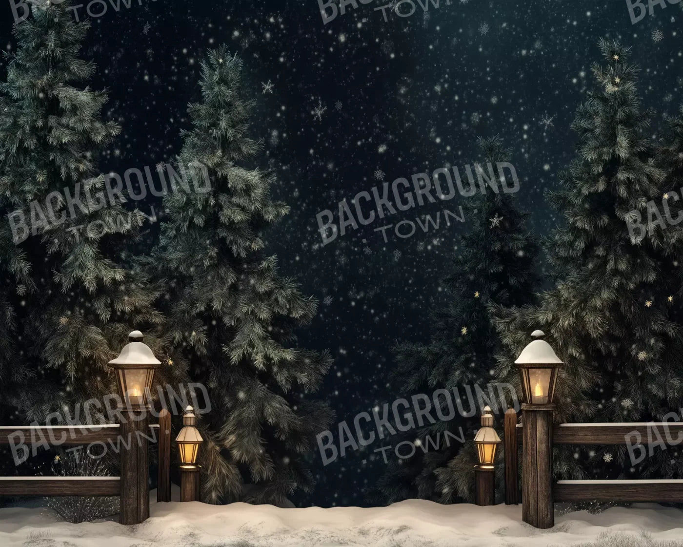 Snowy Forest With Lanterns 10’X8’ Fleece (120 X 96 Inch) Backdrop