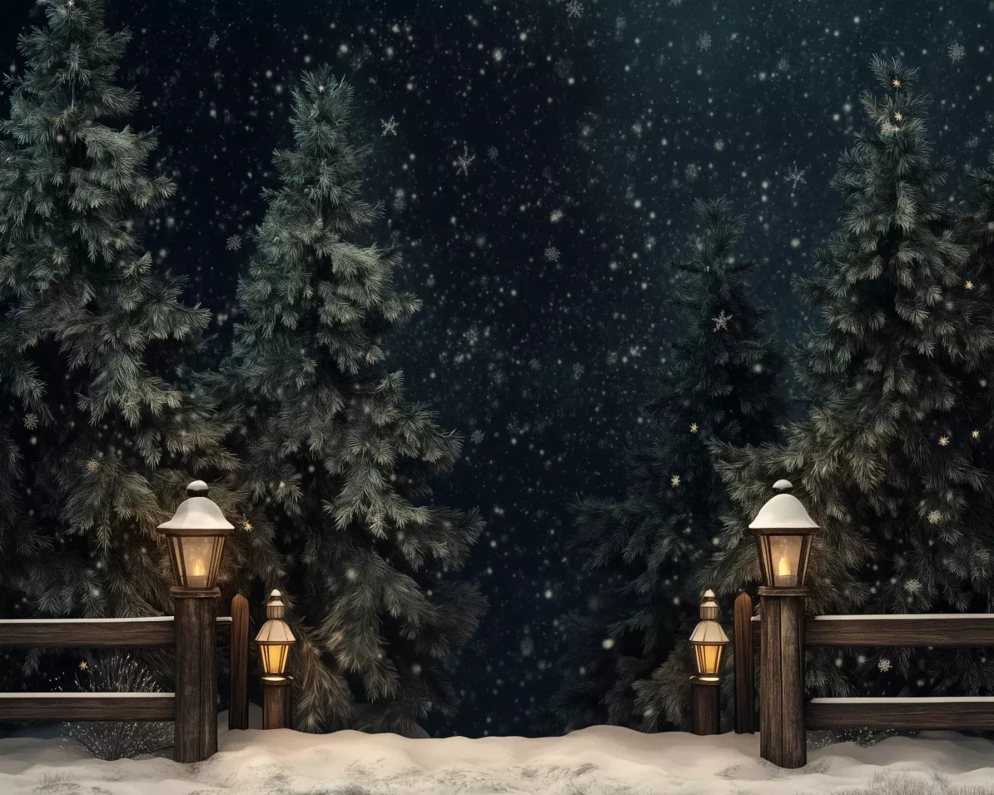 Snowy Forest With Lanterns 10’X8’ Fleece (120 X 96 Inch) Backdrop