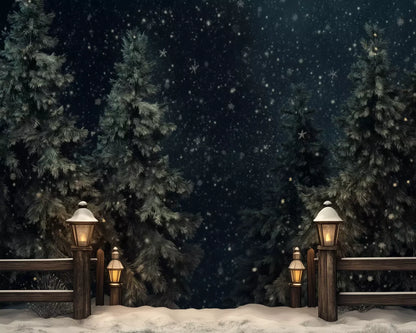 Snowy Forest With Lanterns 10’X8’ Fleece (120 X 96 Inch) Backdrop