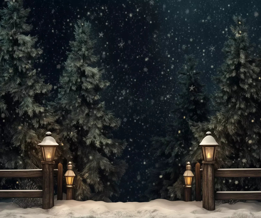 Snowy Forest With Lanterns 12’X10’ Ultracloth (144 X 120 Inch) Backdrop