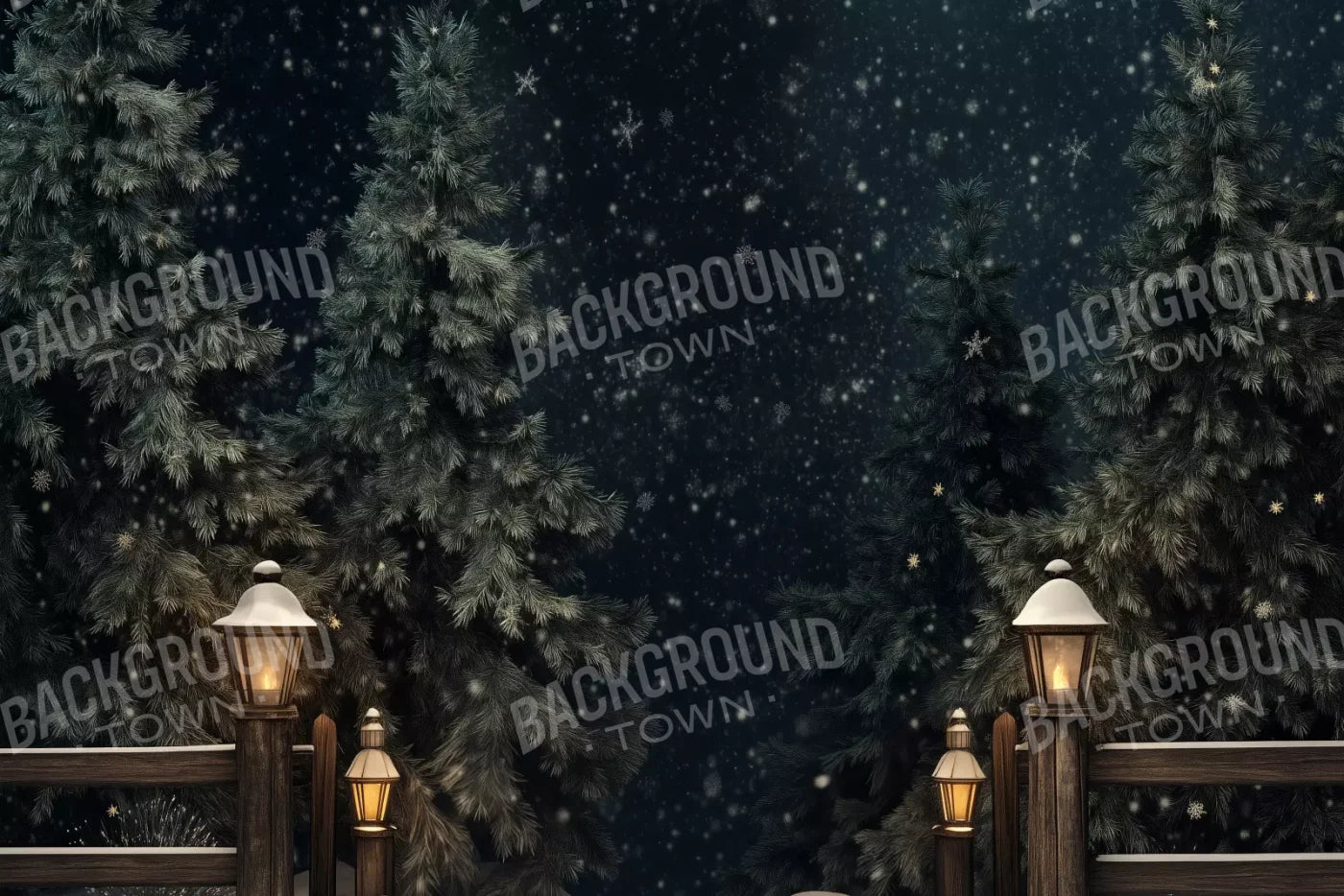 Snowy Forest With Lanterns 12’X8’ Ultracloth (144 X 96 Inch) Backdrop