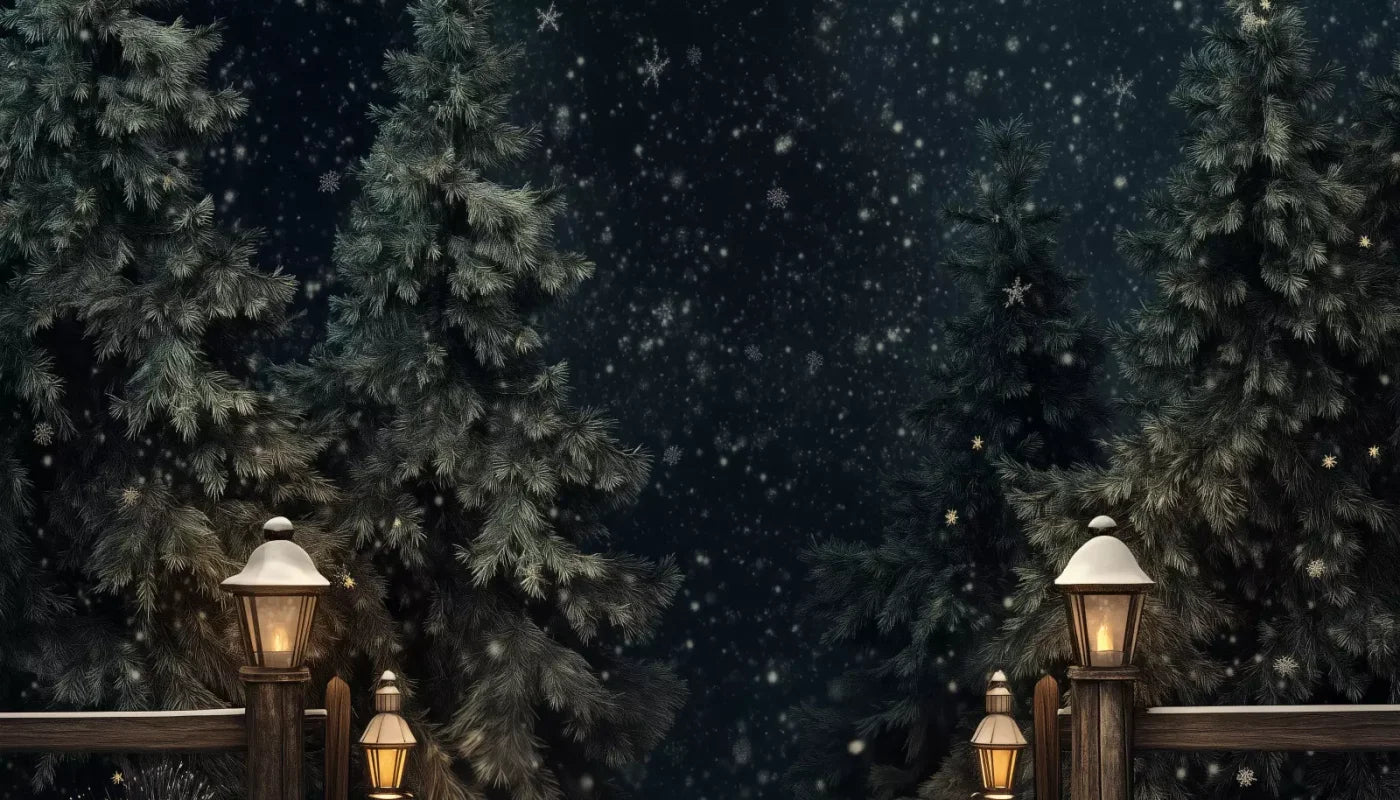 Snowy Forest With Lanterns 14’X8’ Ultracloth (168 X 96 Inch) Backdrop