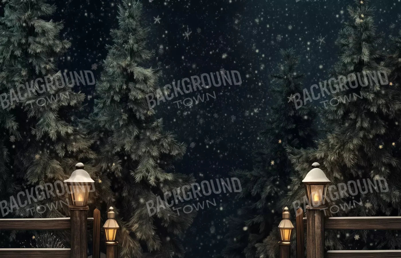 Snowy Forest With Lanterns 14’X9’ Ultracloth (168 X 108 Inch) Backdrop