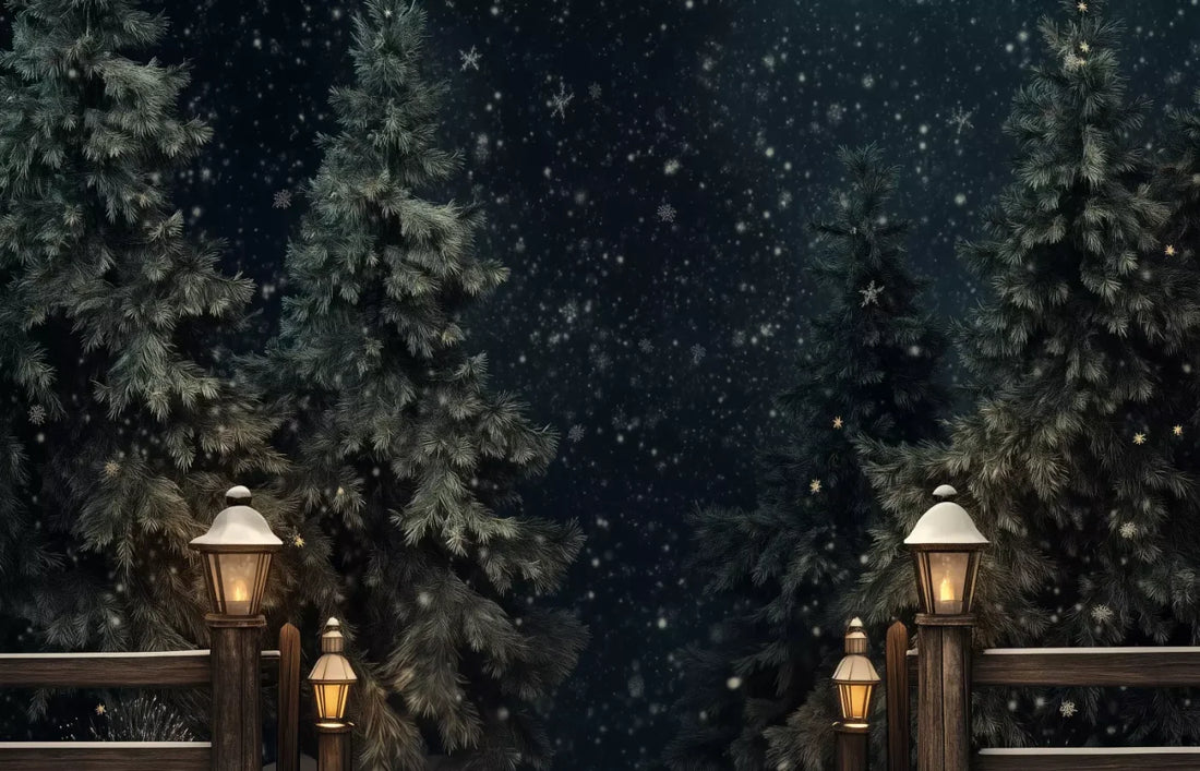 Snowy Forest With Lanterns 14’X9’ Ultracloth (168 X 108 Inch) Backdrop