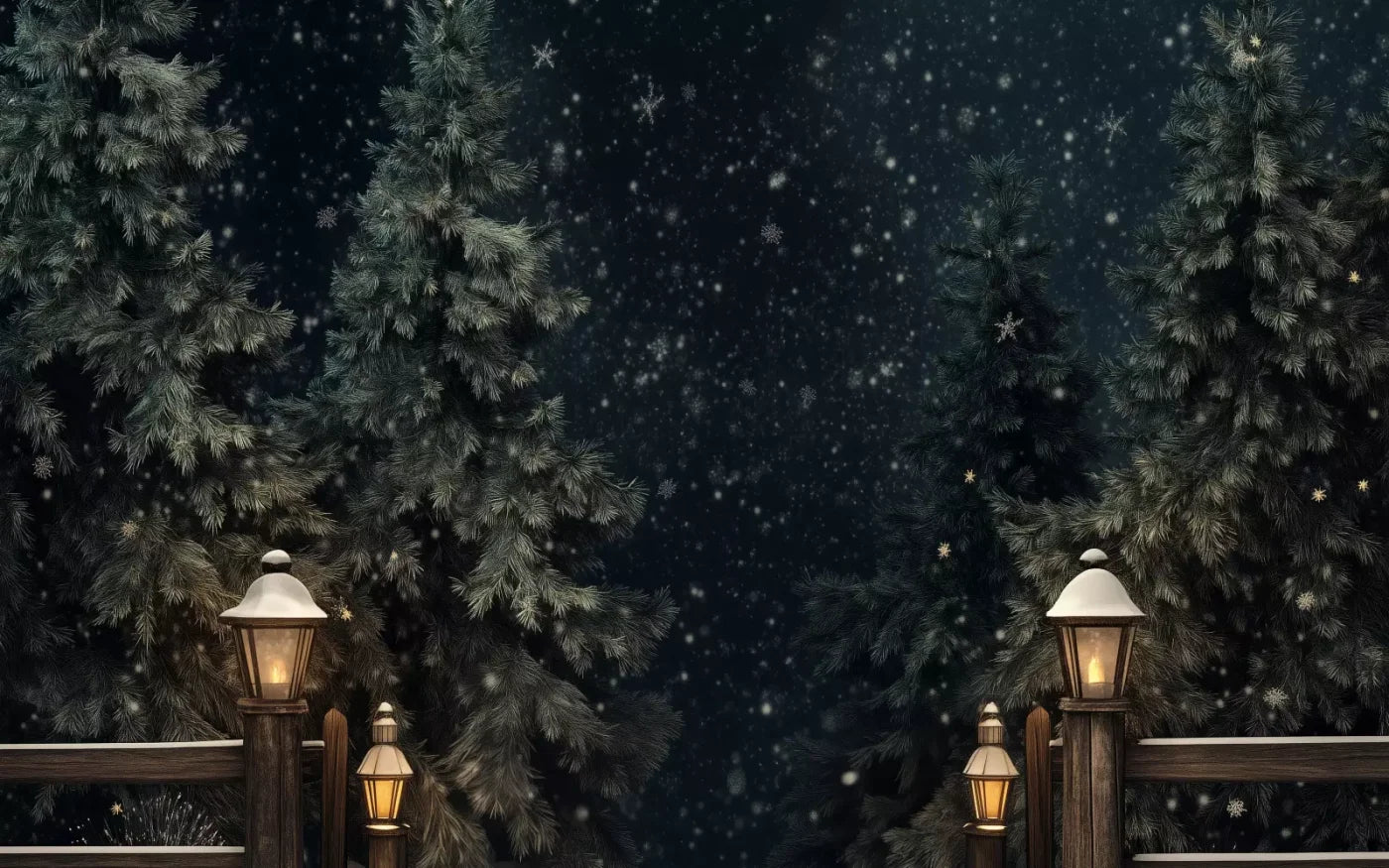 Snowy Forest With Lanterns 16’X10’ Ultracloth (192 X 120 Inch) Backdrop