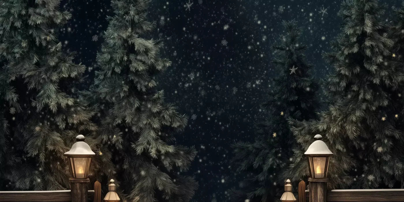 Snowy Forest With Lanterns 16’X8’ Ultracloth (192 X 96 Inch) Backdrop
