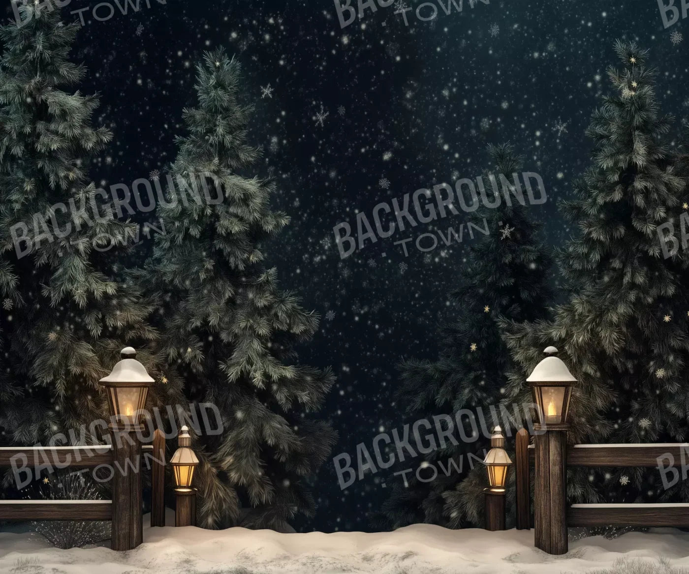 Snowy Forest With Lanterns 5’X4’2 Fleece (60 X 50 Inch) Backdrop