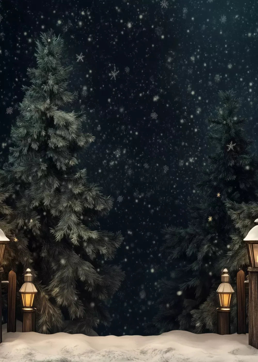 Snowy Forest With Lanterns 5’X7’ Ultracloth (60 X 84 Inch) Backdrop
