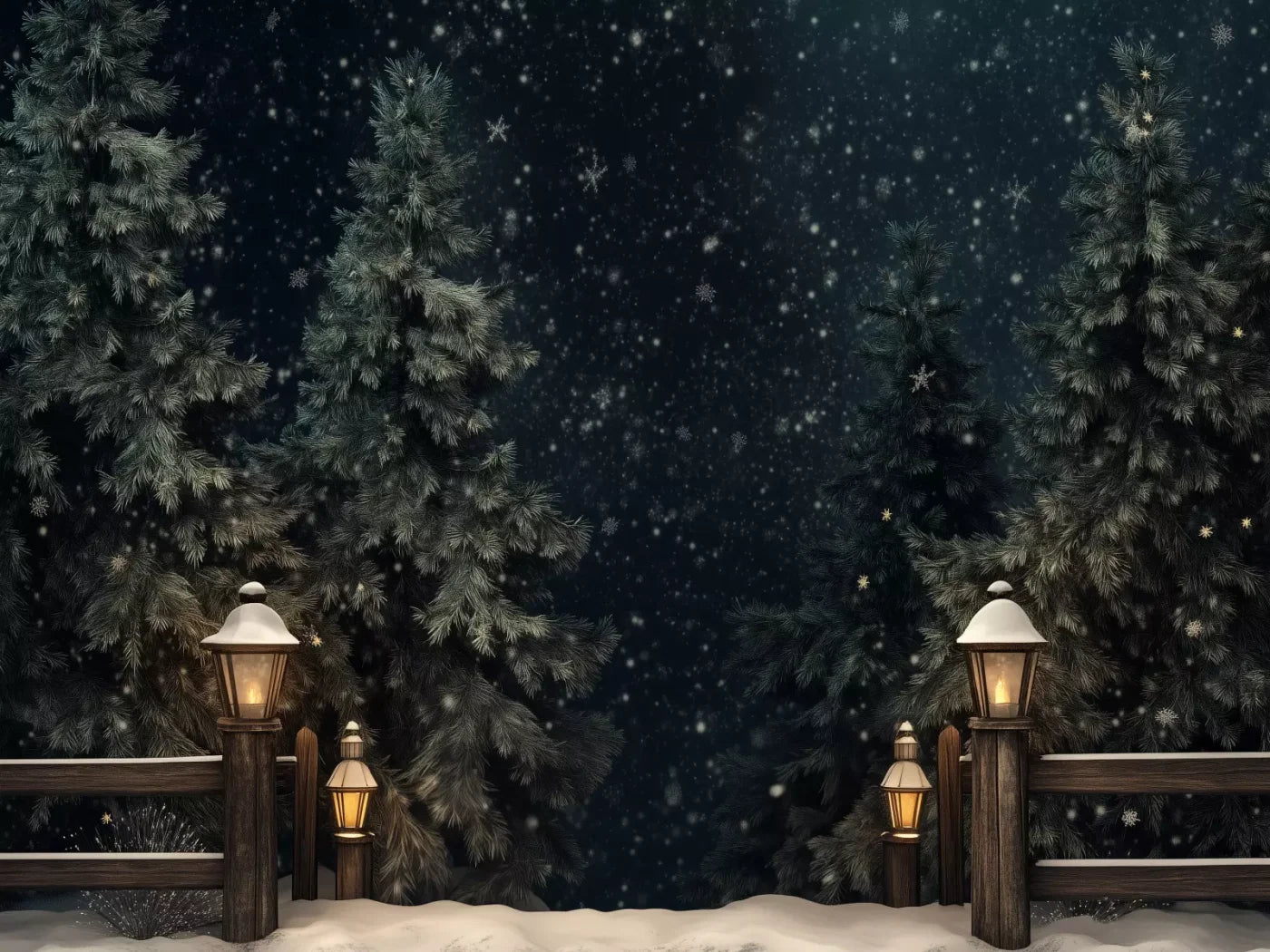 Snowy Forest With Lanterns 6’8X5’ Fleece (80 X 60 Inch) Backdrop