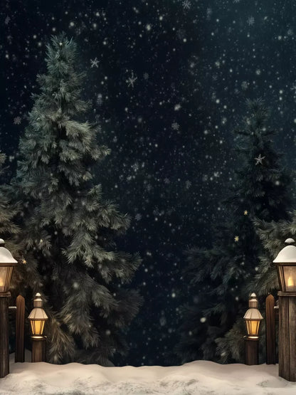 Snowy Forest With Lanterns 6’X8’ Fleece (72 X 96 Inch) Backdrop
